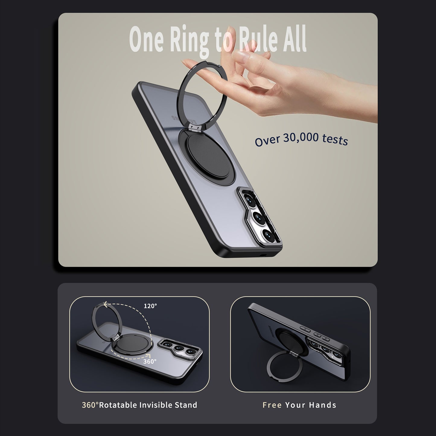 For Samsung Galaxy S24+ Magnetic Phone Case Invisible Gear 360 Degree Rotation Ring Kickstand - Black