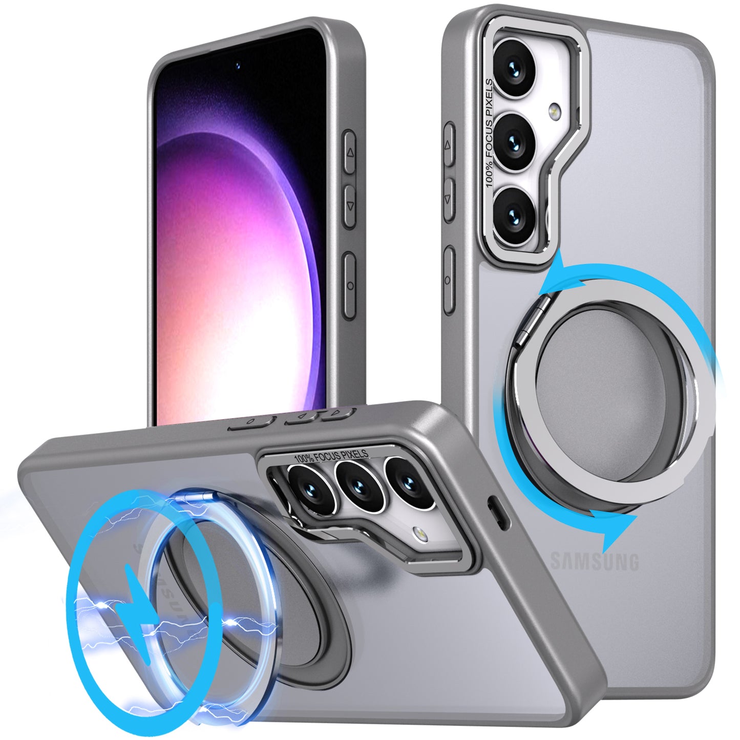 For Samsung Galaxy S24+ Magnetic Phone Case Invisible Gear 360 Degree Rotation Ring Kickstand - Titanium Grey
