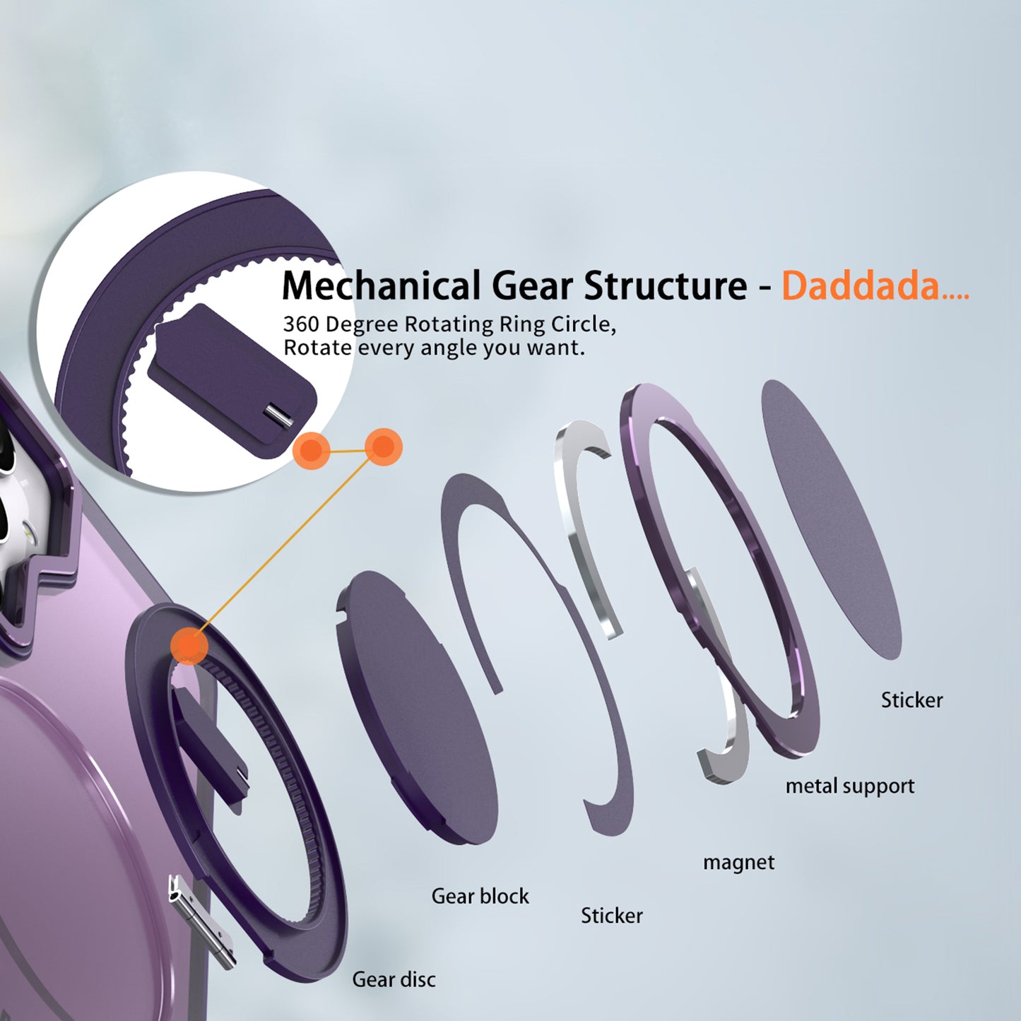 For Samsung Galaxy S24+ Magnetic Phone Case Invisible Gear 360 Degree Rotation Ring Kickstand - Purple