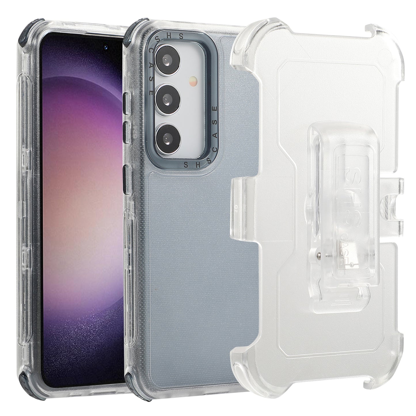 For Samsung Galaxy S24+ Slide Belt Holster Phone Case Kickstand Matte Cover - Transparent Sapphire