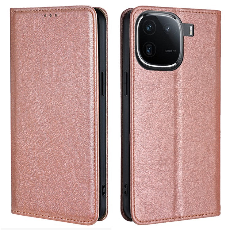 For vivo iQOO 12 5G PU Leather Wallet Case Solid Color Stand Flip Phone Cover Magnetic Absorption - Rose Gold