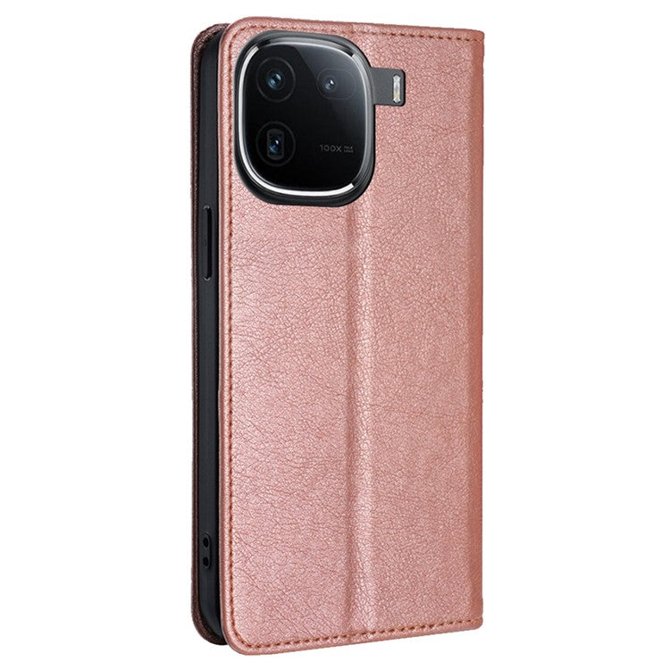 For vivo iQOO 12 5G PU Leather Wallet Case Solid Color Stand Flip Phone Cover Magnetic Absorption - Rose Gold