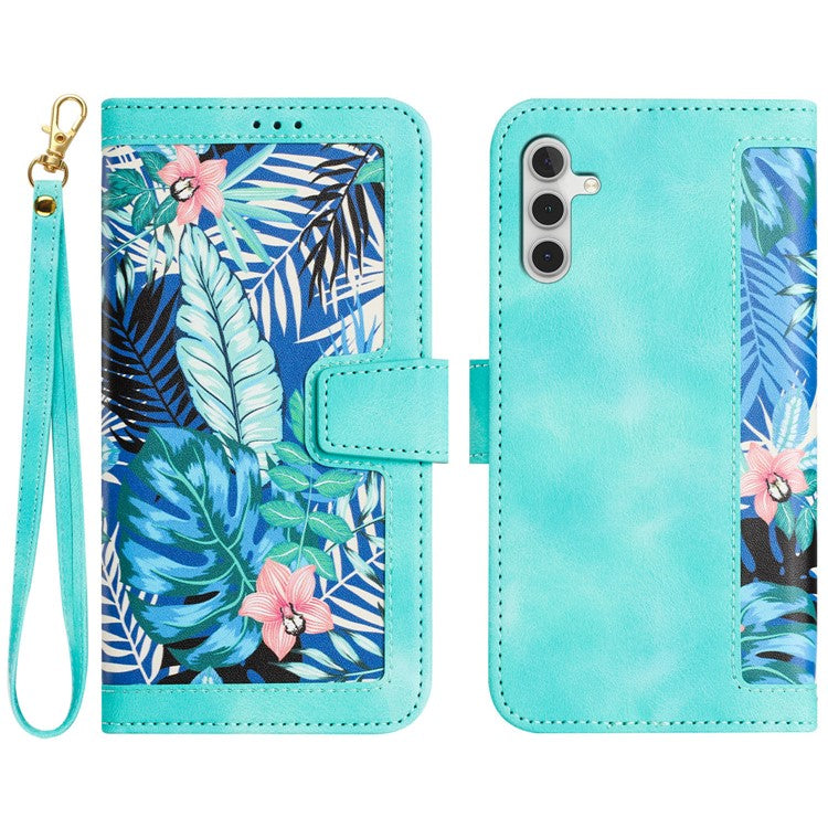 For Samsung Galaxy A05s 4G Phone Case PU Leather Card Holder Flower Pattern - Green