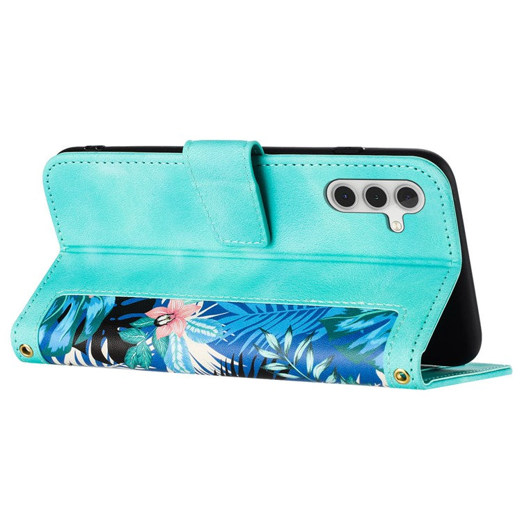 For Samsung Galaxy A05s 4G Phone Case PU Leather Card Holder Flower Pattern - Green