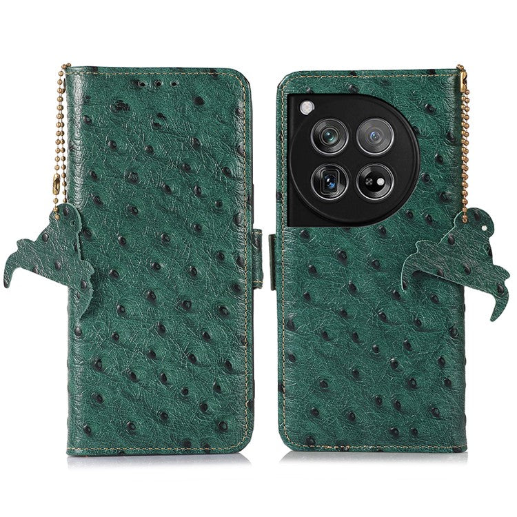 For OnePlus 12 5G Ostrich Pattern Phone Case Genuine Cow Leather Wallet - Green