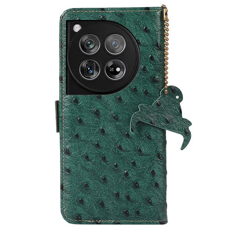 For OnePlus 12 5G Ostrich Pattern Phone Case Genuine Cow Leather Wallet - Green