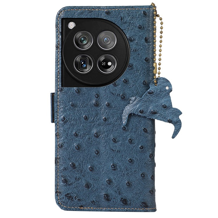 For OnePlus 12 5G Ostrich Pattern Phone Case Genuine Cow Leather Wallet - Blue