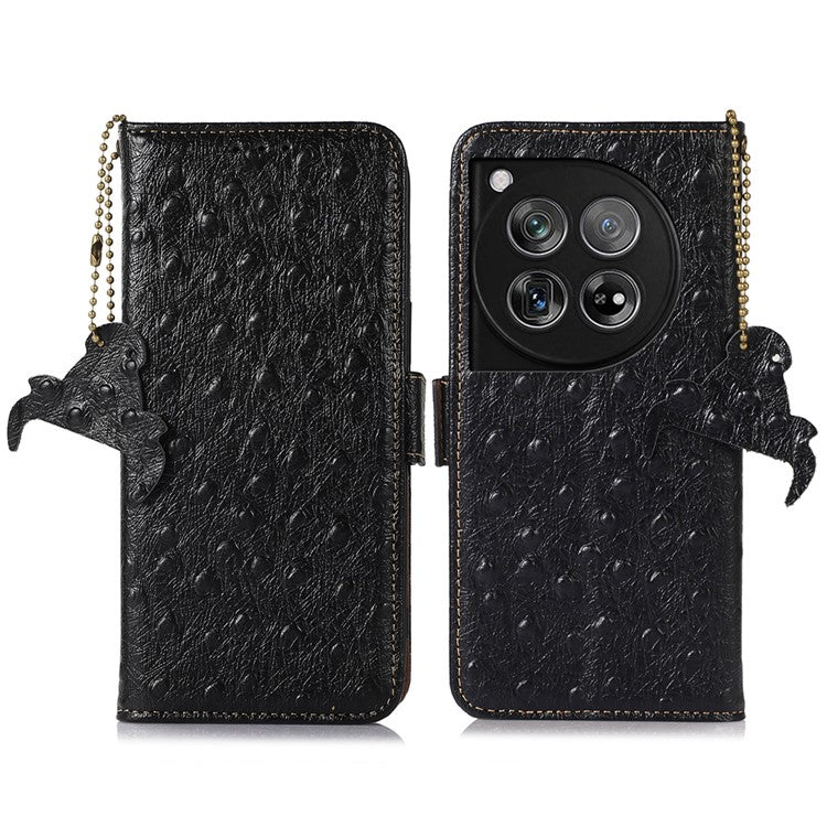 For OnePlus 12 5G Ostrich Pattern Phone Case Genuine Cow Leather Wallet - Black