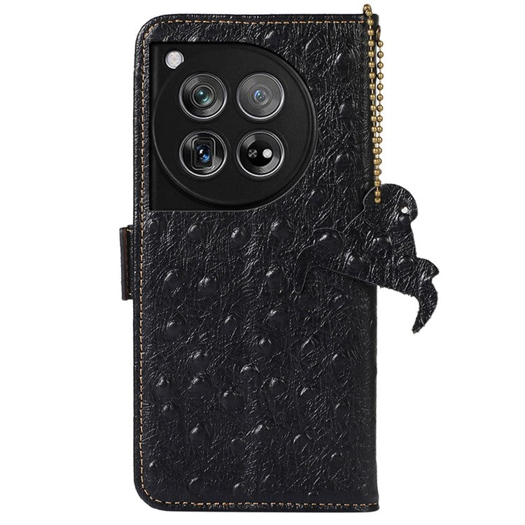 For OnePlus 12 5G Ostrich Pattern Phone Case Genuine Cow Leather Wallet - Black