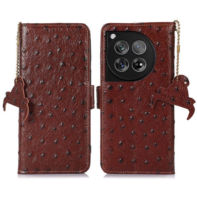 For OnePlus 12 5G Ostrich Pattern Phone Case Genuine Cow Leather Wallet - Coffee