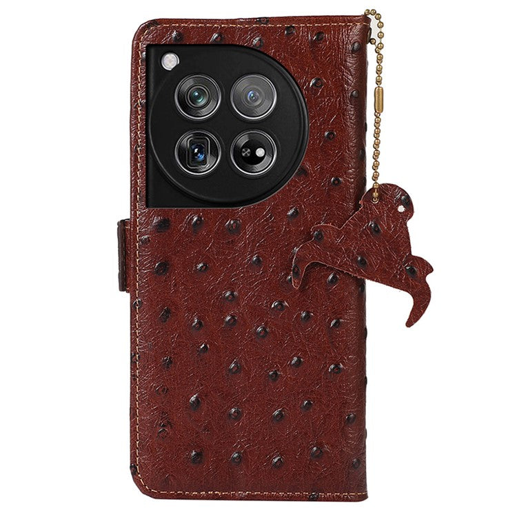 For OnePlus 12 5G Ostrich Pattern Phone Case Genuine Cow Leather Wallet - Coffee