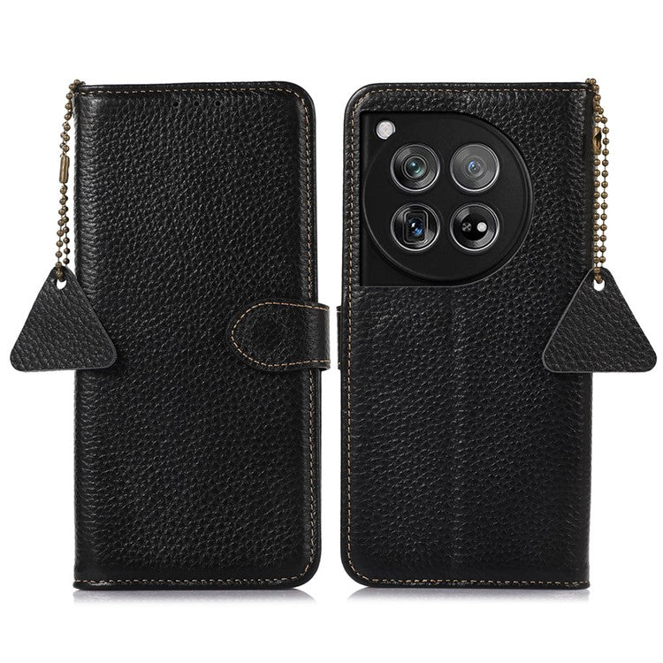 For OnePlus 12 5G Genuine Cow Leather Lychee Texture Case RFID Blocking - Black