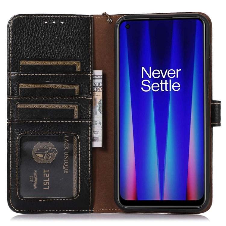 For OnePlus 12 5G Genuine Cow Leather Lychee Texture Case RFID Blocking - Black