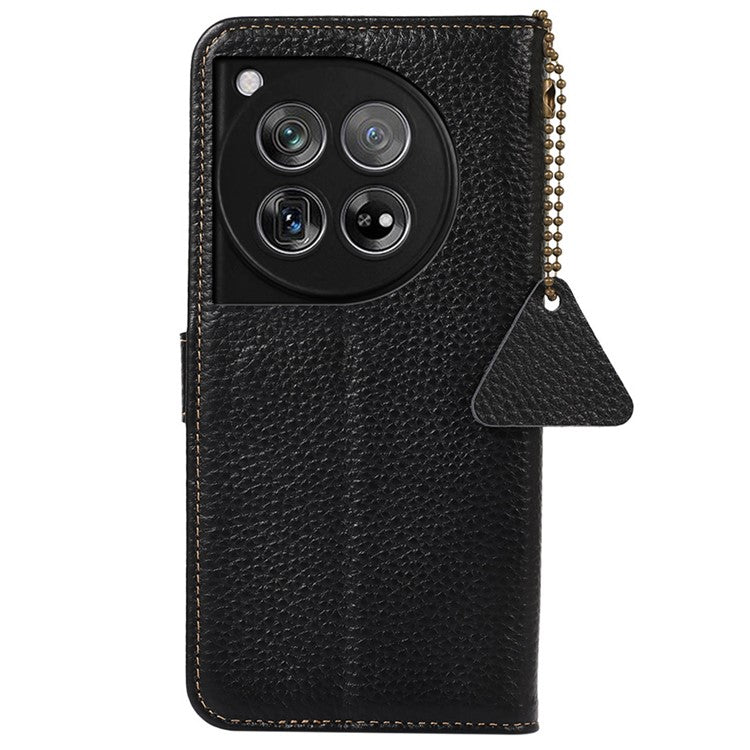 For OnePlus 12 5G Genuine Cow Leather Lychee Texture Case RFID Blocking - Black
