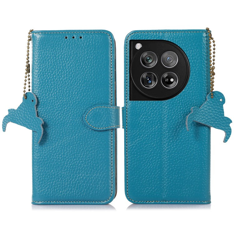 For OnePlus 12 5G Genuine Cow Leather Lychee Texture Case RFID Blocking - Blue