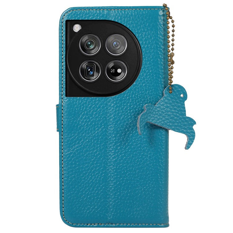 For OnePlus 12 5G Genuine Cow Leather Lychee Texture Case RFID Blocking - Blue