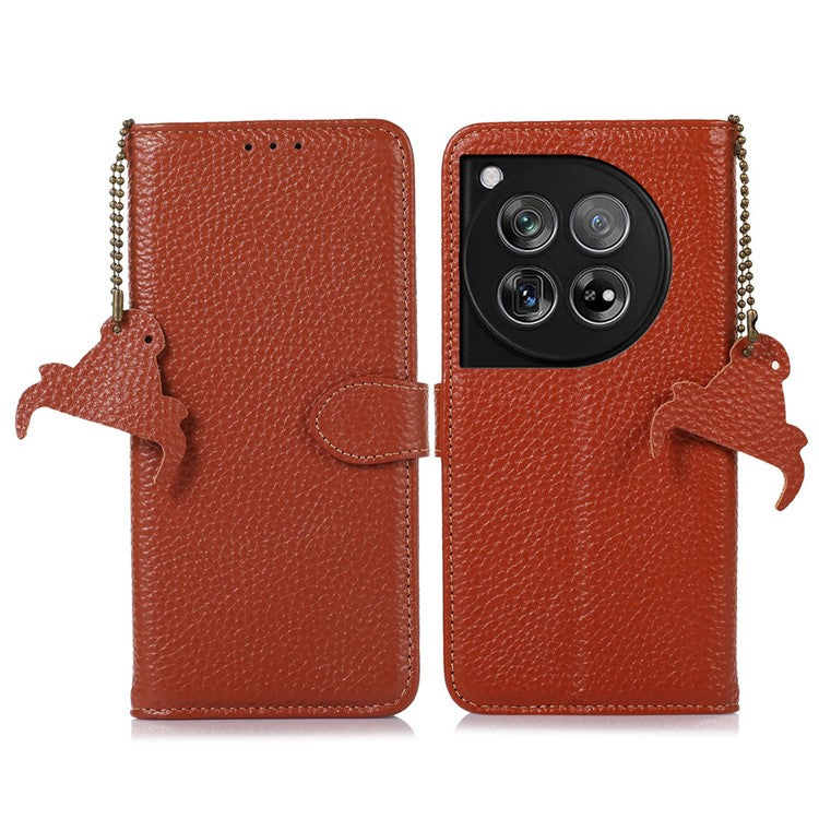 For OnePlus 12 5G Genuine Cow Leather Lychee Texture Case RFID Blocking - Brown