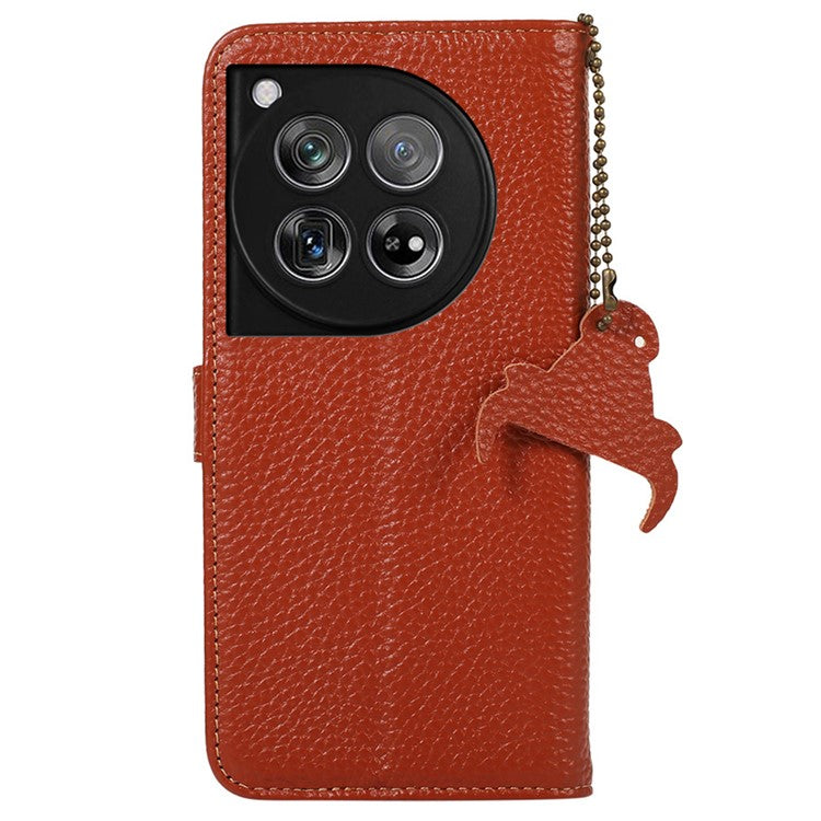 For OnePlus 12 5G Genuine Cow Leather Lychee Texture Case RFID Blocking - Brown