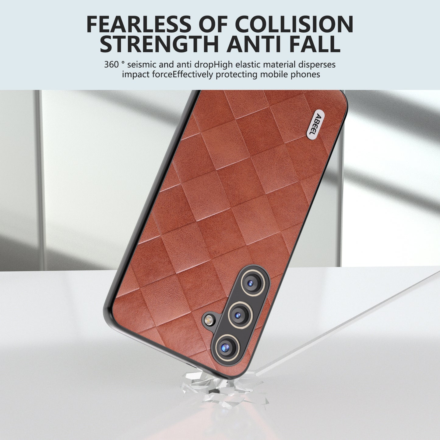 ABEEL For Samsung Galaxy S24+ Grid Texture Case PU Leather+TPU+PC Phone Cover - Brown