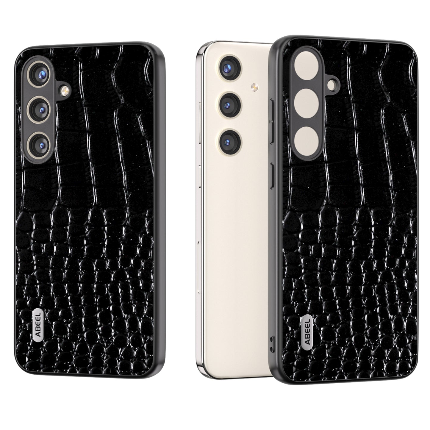 ABEEL For Samsung Galaxy S24+ Crocodile Texture Series Case Genuine Cow Leather Phone Back Cover - Black