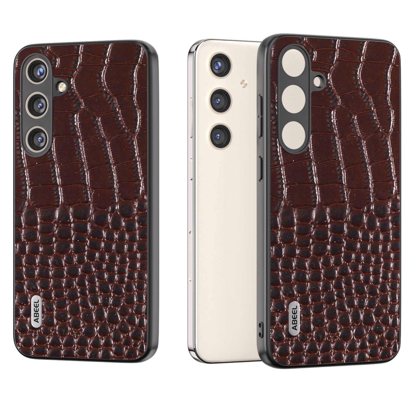 ABEEL For Samsung Galaxy S24+ Crocodile Texture Series Case Genuine Cow Leather Phone Back Cover - Coffee
