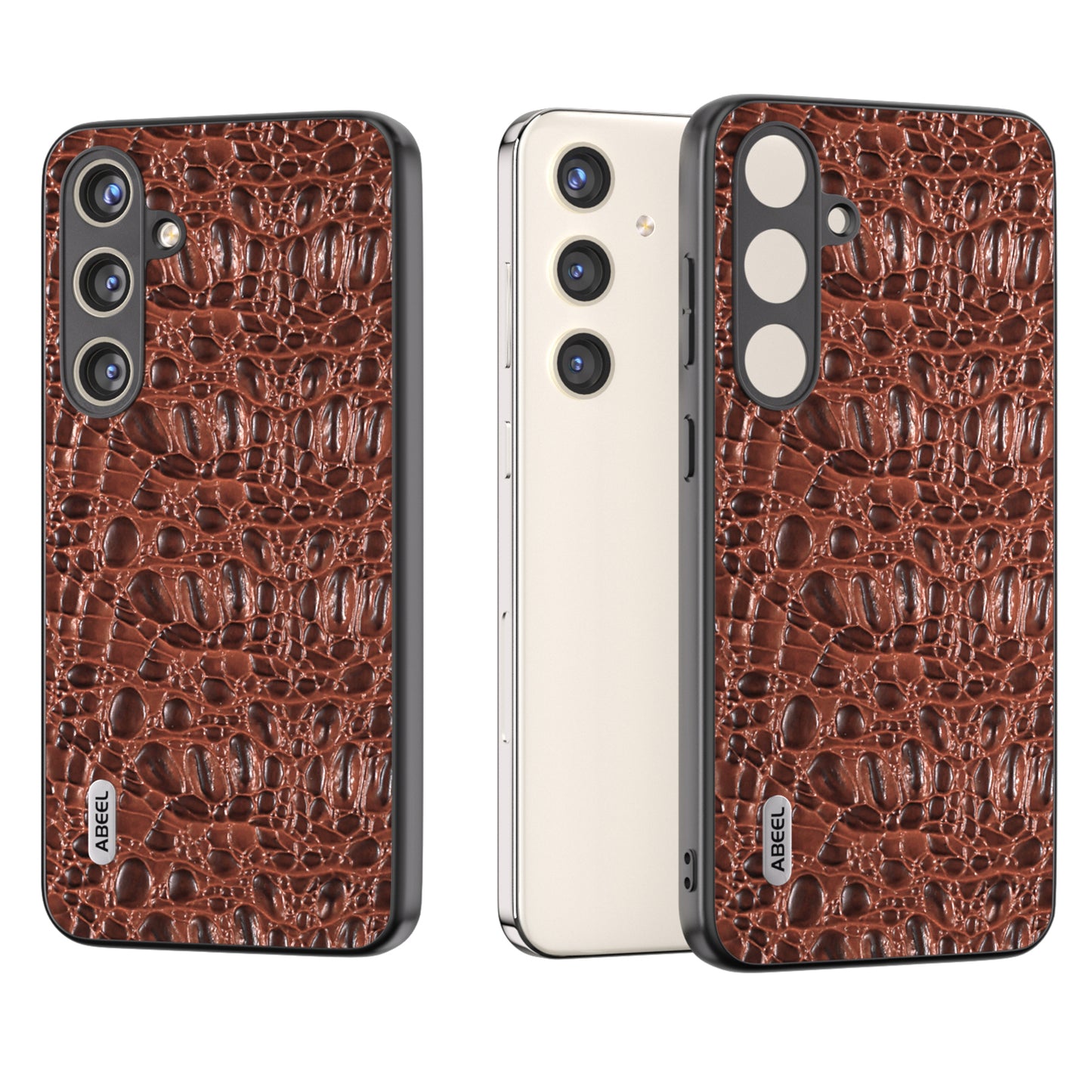 ABEEL For Samsung Galaxy S24+ Texture Case Genuine Cow Leather Coated PC+TPU Phone Cover - Coffee