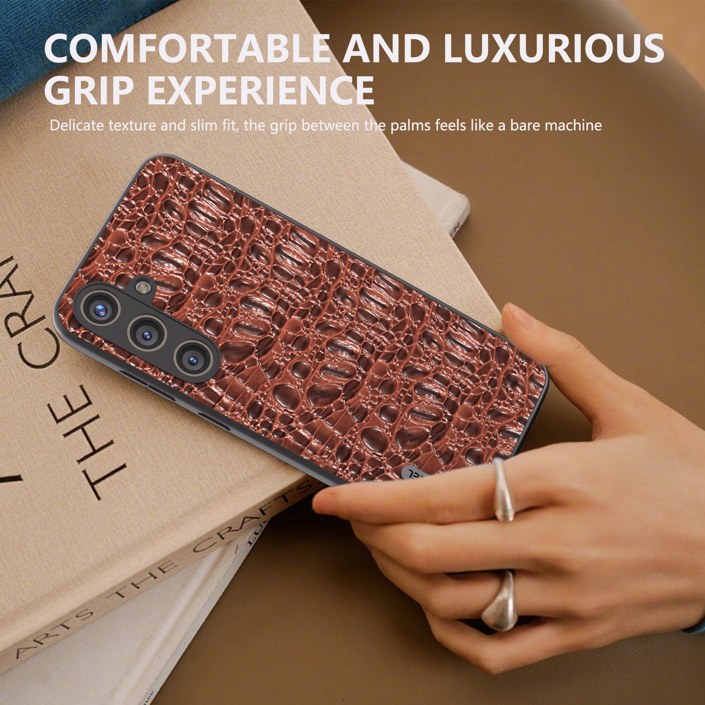 ABEEL For Samsung Galaxy S24+ Texture Case Genuine Cow Leather Coated PC+TPU Phone Cover - Coffee