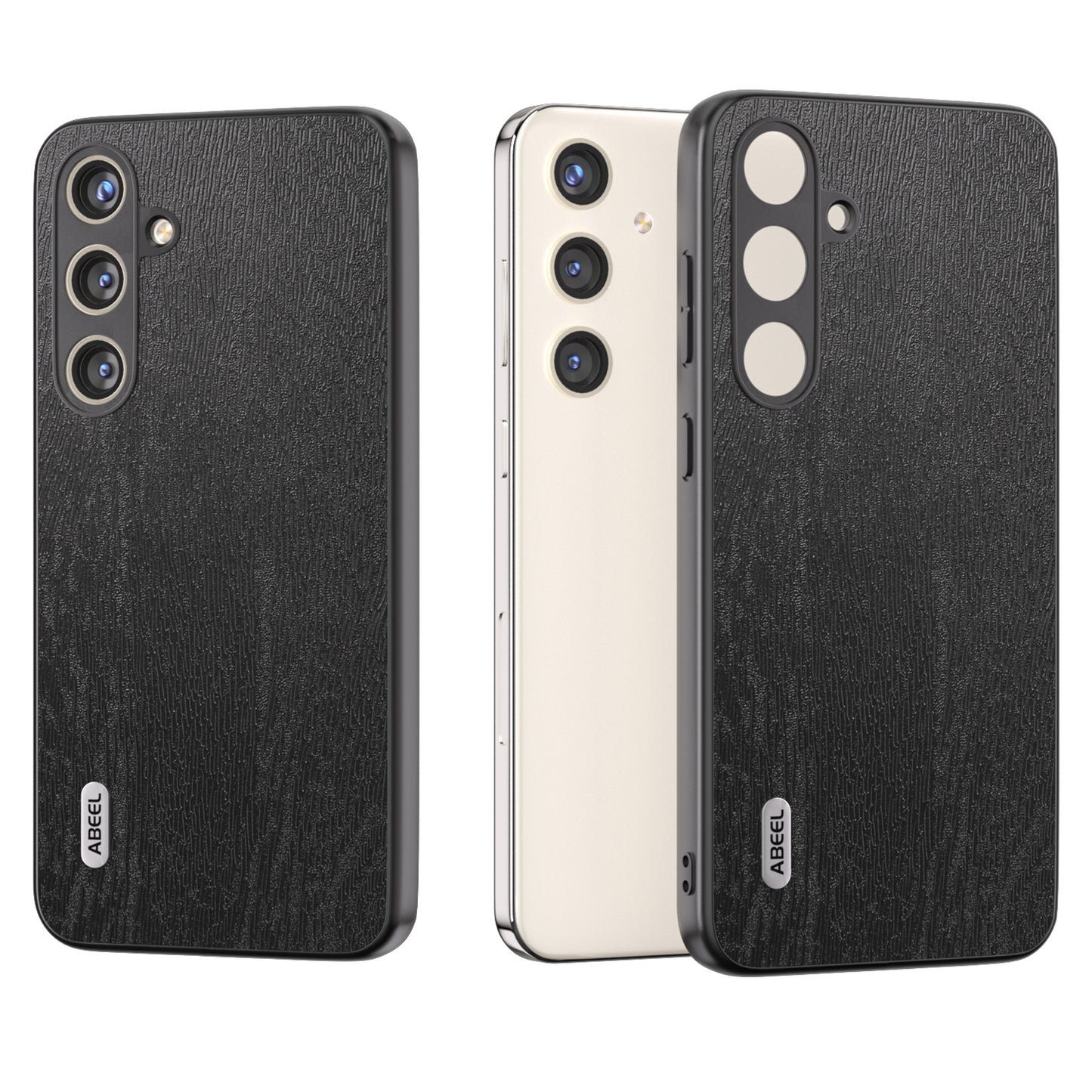ABEEL For Samsung Galaxy S24 Wood Grain Case Leather+TPU+PC Shock Absorption Phone Cover - Black