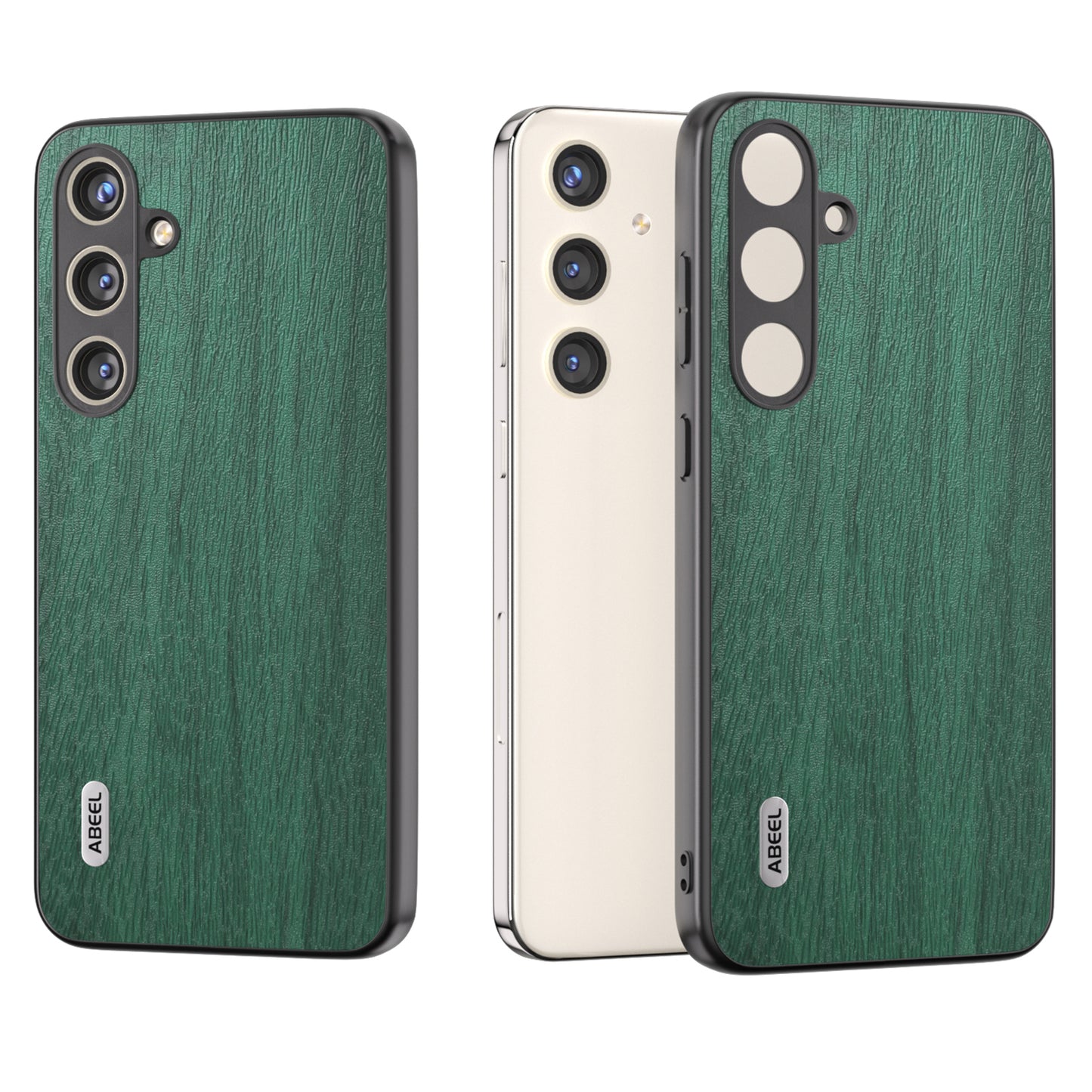 ABEEL For Samsung Galaxy S24 Wood Grain Case Leather+TPU+PC Shock Absorption Phone Cover - Green
