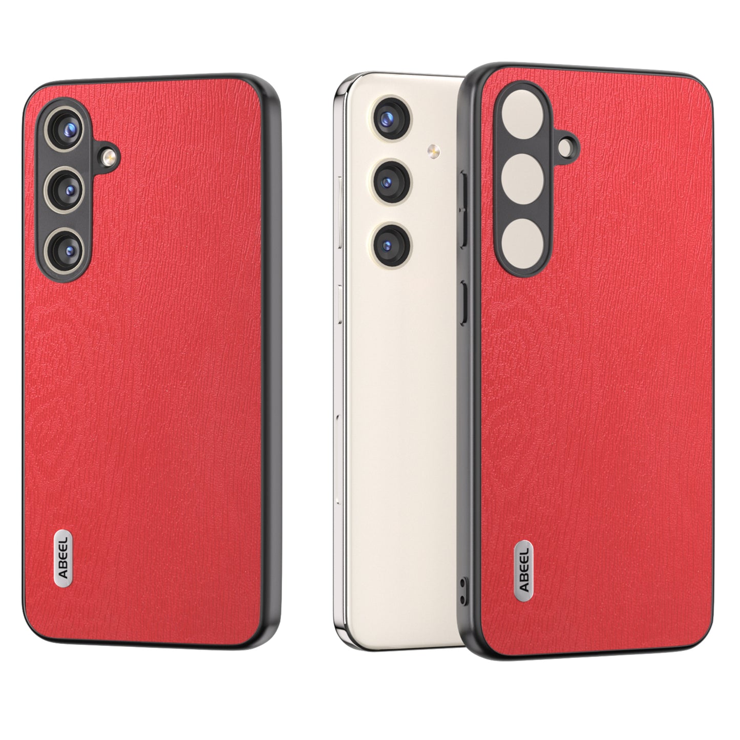 ABEEL For Samsung Galaxy S24 Wood Grain Case Leather+TPU+PC Shock Absorption Phone Cover - Red