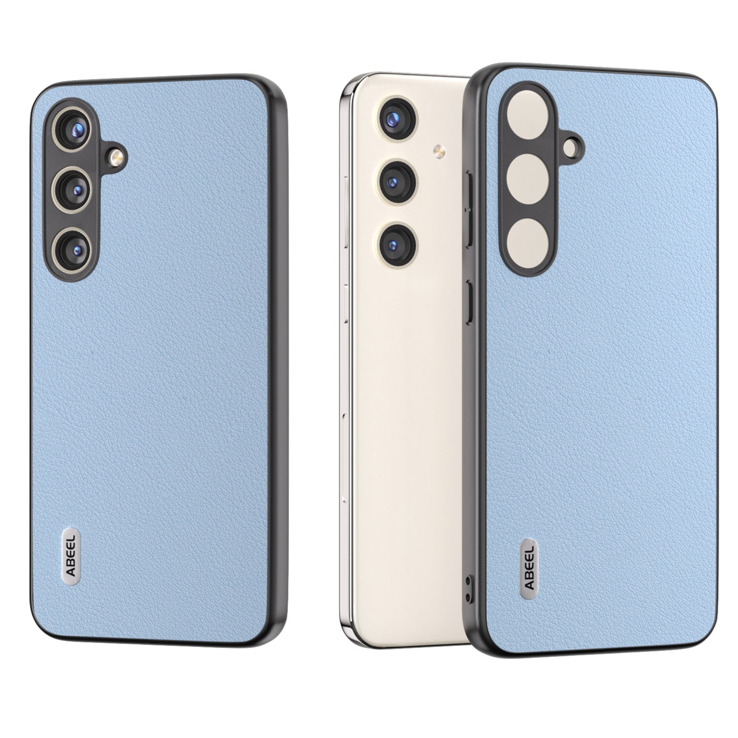 ABEEL For Samsung Galaxy S24 Phone Case Genuine Cow Leather Textured Protective Cover - Baby Blue