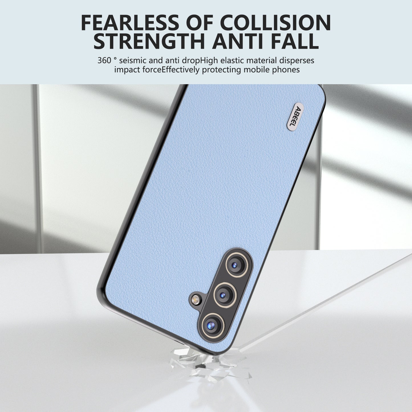 ABEEL For Samsung Galaxy S24 Phone Case Genuine Cow Leather Textured Protective Cover - Baby Blue