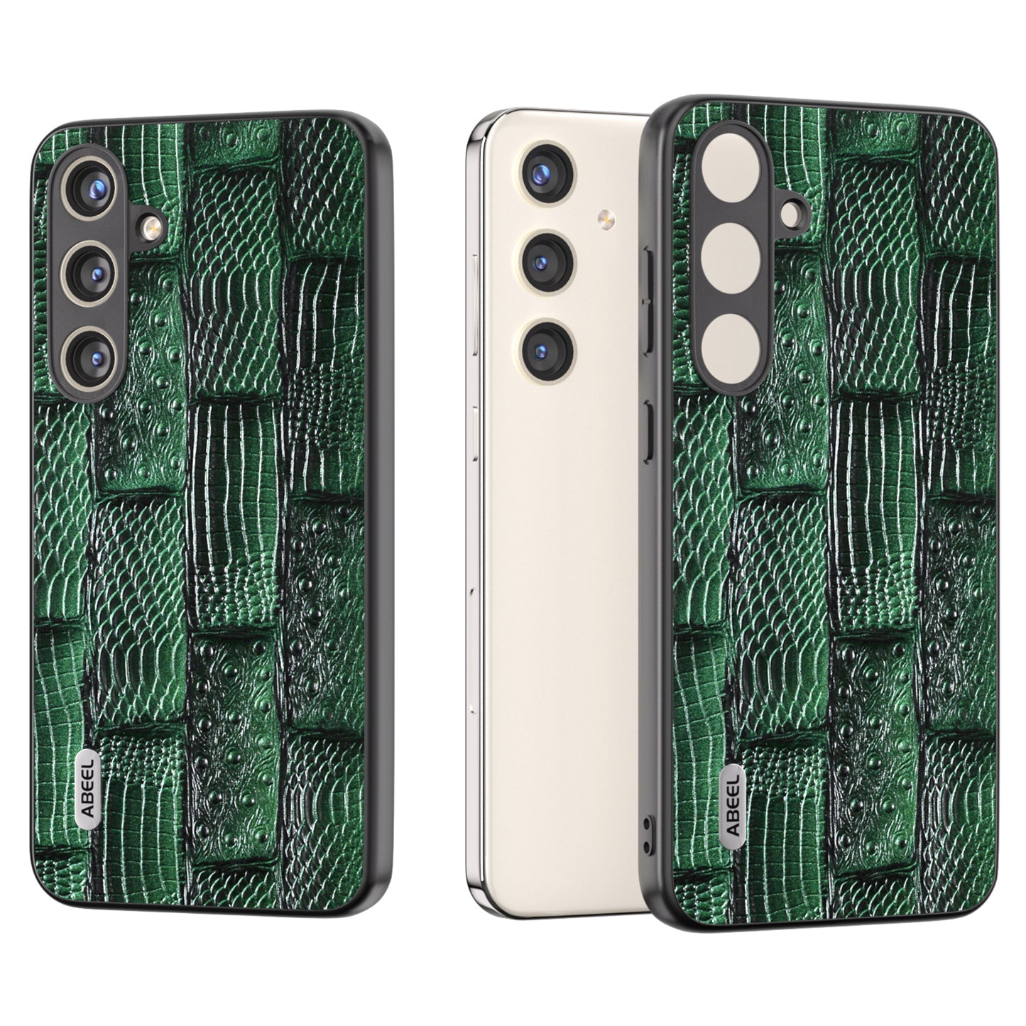 ABEEL For Samsung Galaxy S24 Mahjong Texture Case Shock-Absorbing Genuine Cow Leather Cover - Green