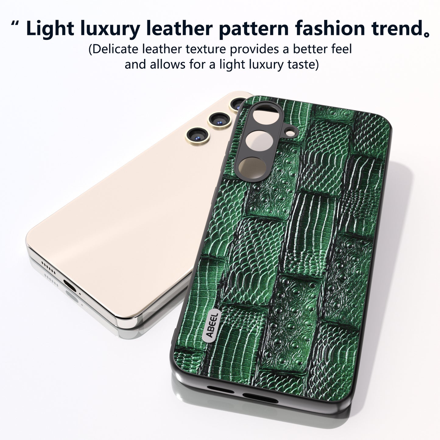 ABEEL For Samsung Galaxy S24 Mahjong Texture Case Shock-Absorbing Genuine Cow Leather Cover - Green