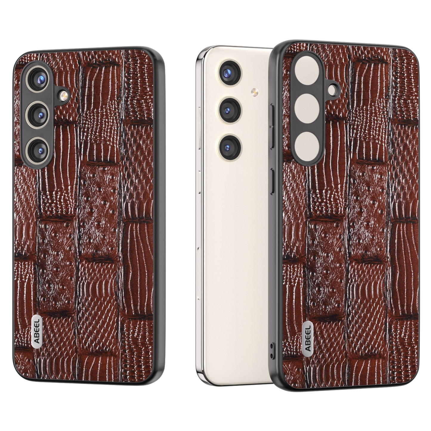 ABEEL For Samsung Galaxy S24 Mahjong Texture Case Shock-Absorbing Genuine Cow Leather Cover - Brown