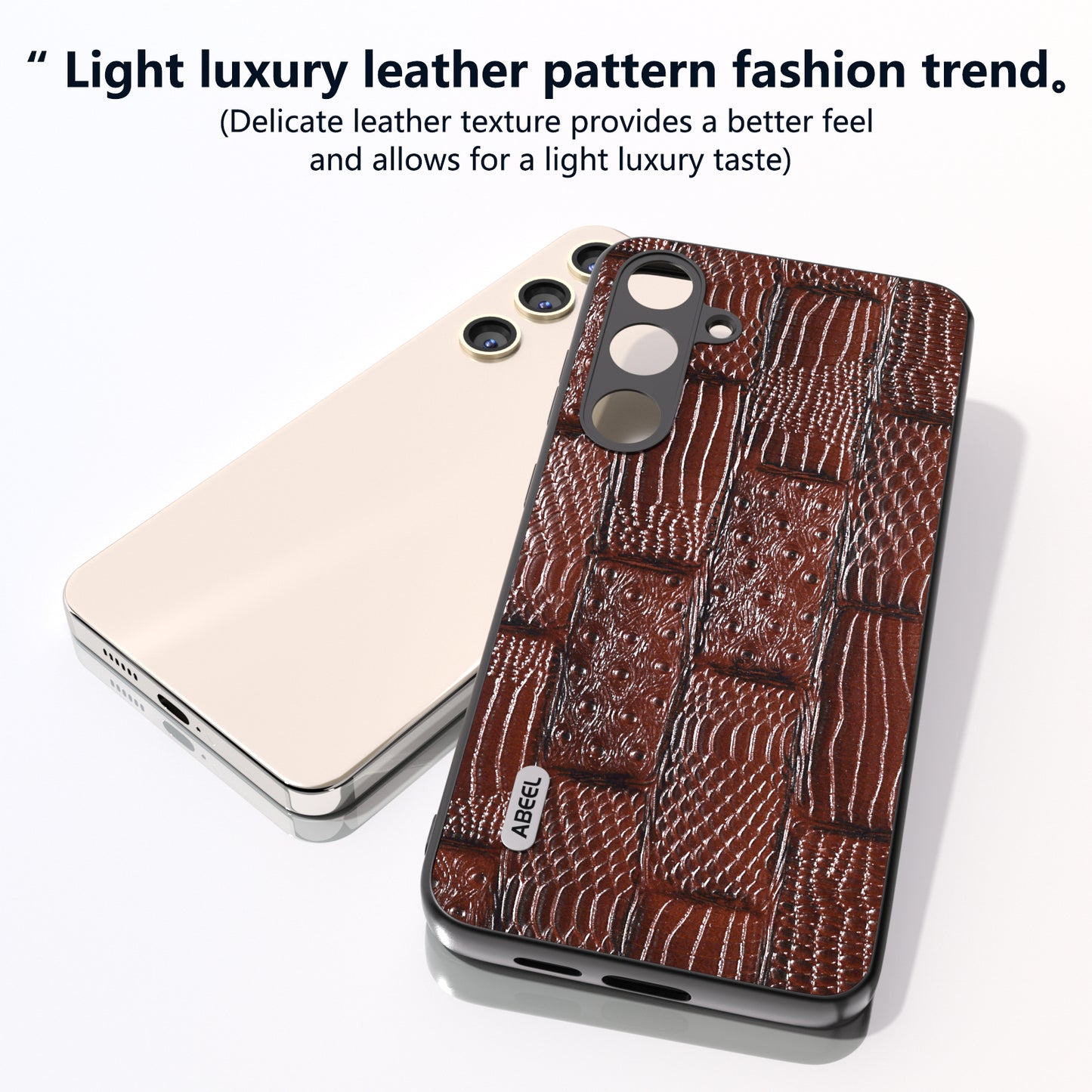 ABEEL For Samsung Galaxy S24 Mahjong Texture Case Shock-Absorbing Genuine Cow Leather Cover - Brown