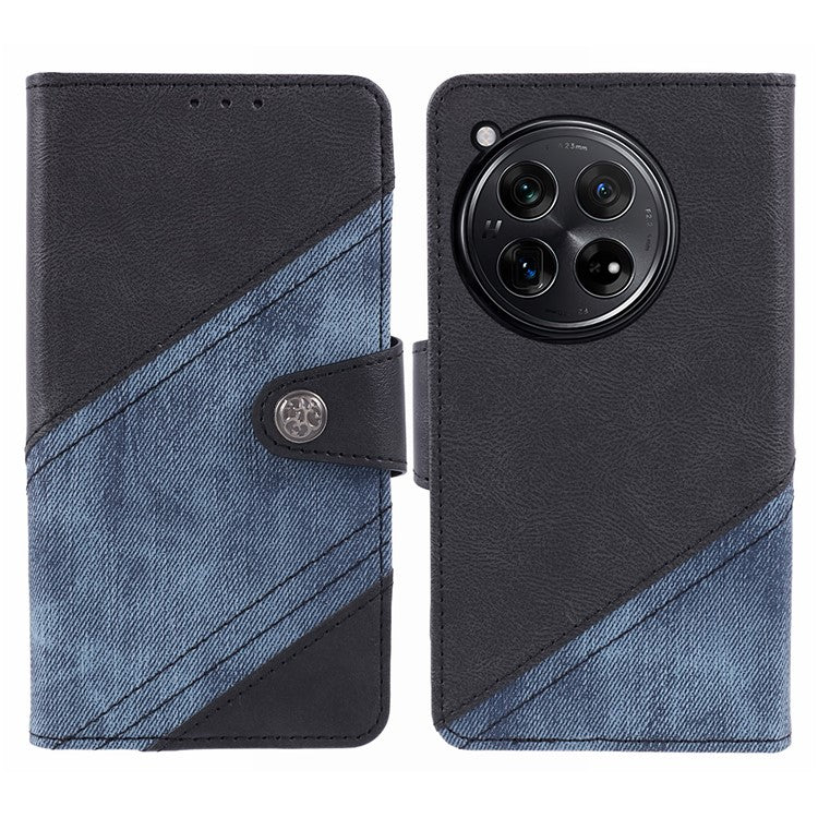 Leather Phone Case for OnePlus 12 5G Cover Splicing Design Crazy Horse Texture Wallet Shell - Black