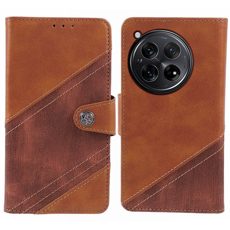Leather Phone Case for OnePlus 12 5G Cover Splicing Design Crazy Horse Texture Wallet Shell - Brown