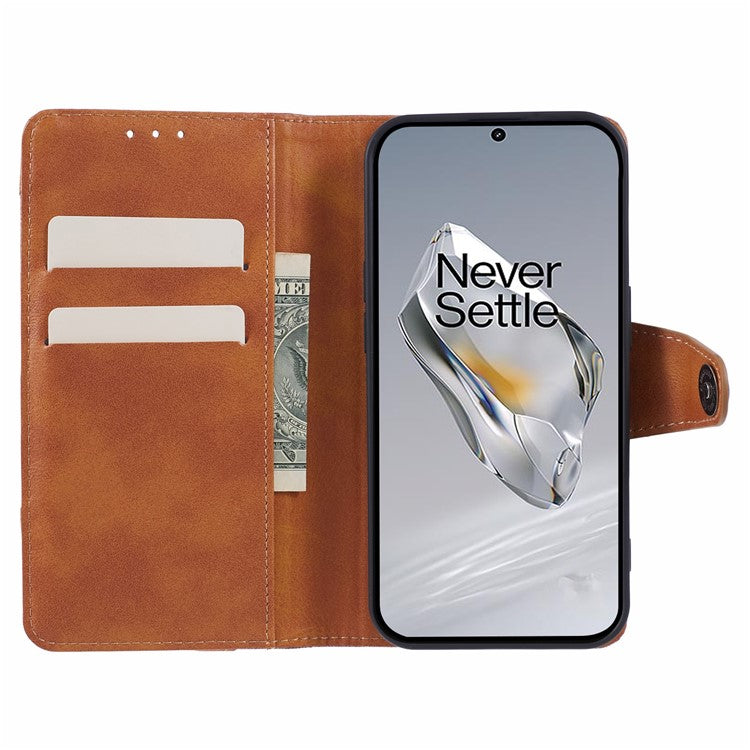 Leather Phone Case for OnePlus 12 5G Cover Splicing Design Crazy Horse Texture Wallet Shell - Brown