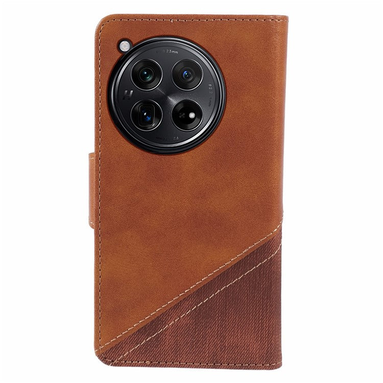 Leather Phone Case for OnePlus 12 5G Cover Splicing Design Crazy Horse Texture Wallet Shell - Brown