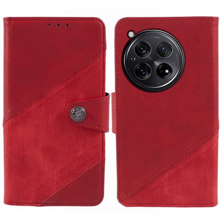 Leather Phone Case for OnePlus 12 5G Cover Splicing Design Crazy Horse Texture Wallet Shell - Red