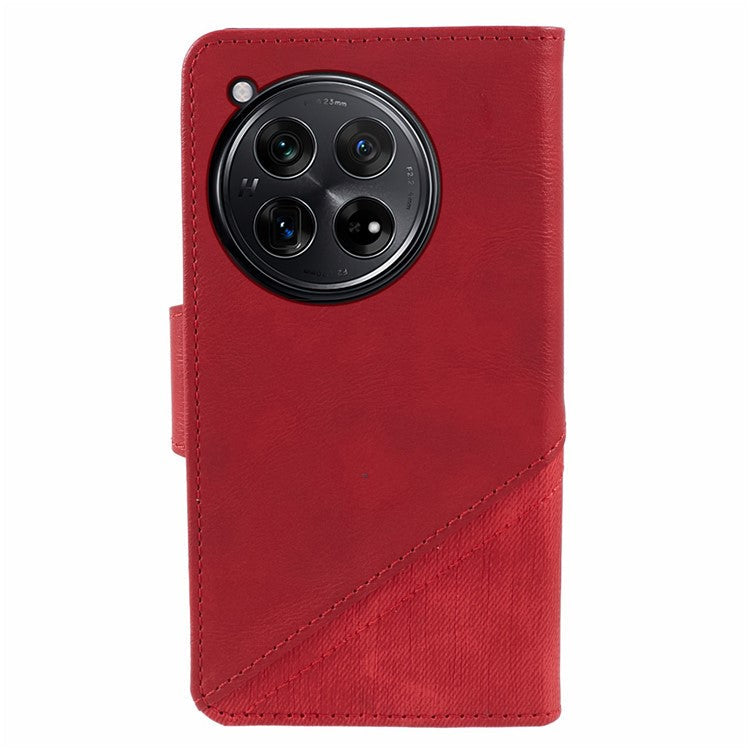 Leather Phone Case for OnePlus 12 5G Cover Splicing Design Crazy Horse Texture Wallet Shell - Red
