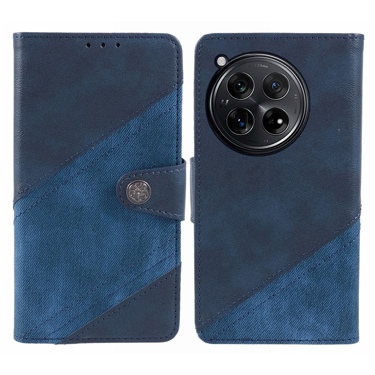 Leather Phone Case for OnePlus 12 5G Cover Splicing Design Crazy Horse Texture Wallet Shell - Dark Blue