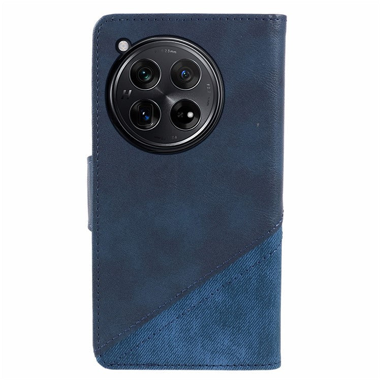 Leather Phone Case for OnePlus 12 5G Cover Splicing Design Crazy Horse Texture Wallet Shell - Dark Blue