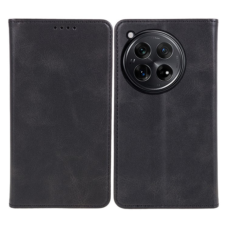 For OnePlus 12 5G Magnetic Case Calf Texture PU Leather Smart Phone Cover - Black