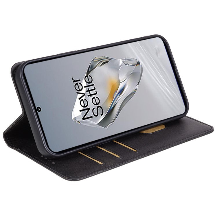 For OnePlus 12 5G Magnetic Case Calf Texture PU Leather Smart Phone Cover - Black