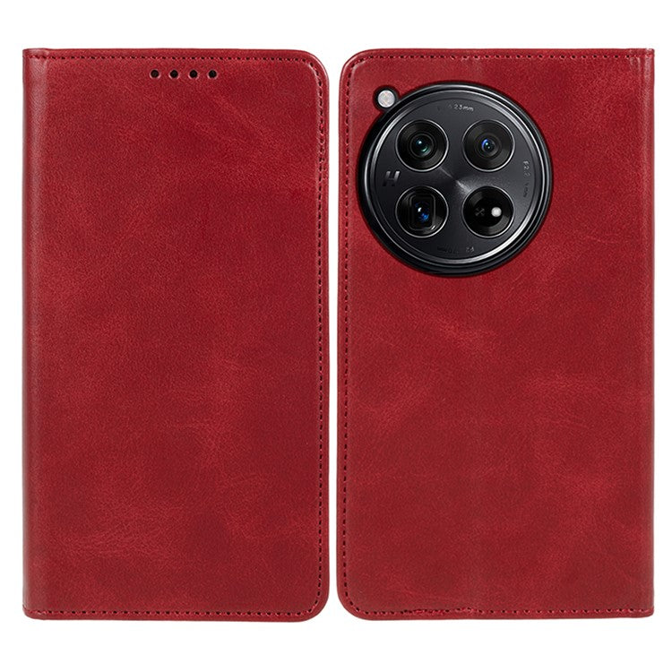 For OnePlus 12 5G Magnetic Case Calf Texture PU Leather Smart Phone Cover - Red