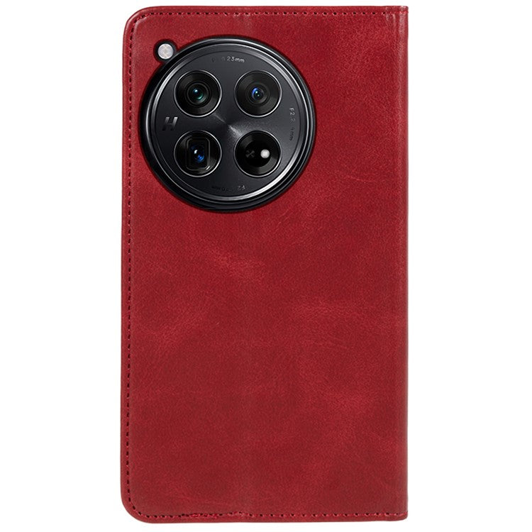 For OnePlus 12 5G Magnetic Case Calf Texture PU Leather Smart Phone Cover - Red