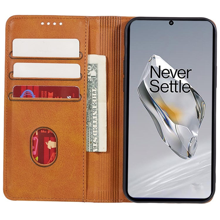 For OnePlus 12 5G Magnetic Case Calf Texture PU Leather Smart Phone Cover - Khaki