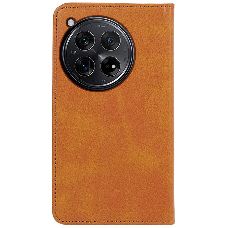 For OnePlus 12 5G Magnetic Case Calf Texture PU Leather Smart Phone Cover - Khaki